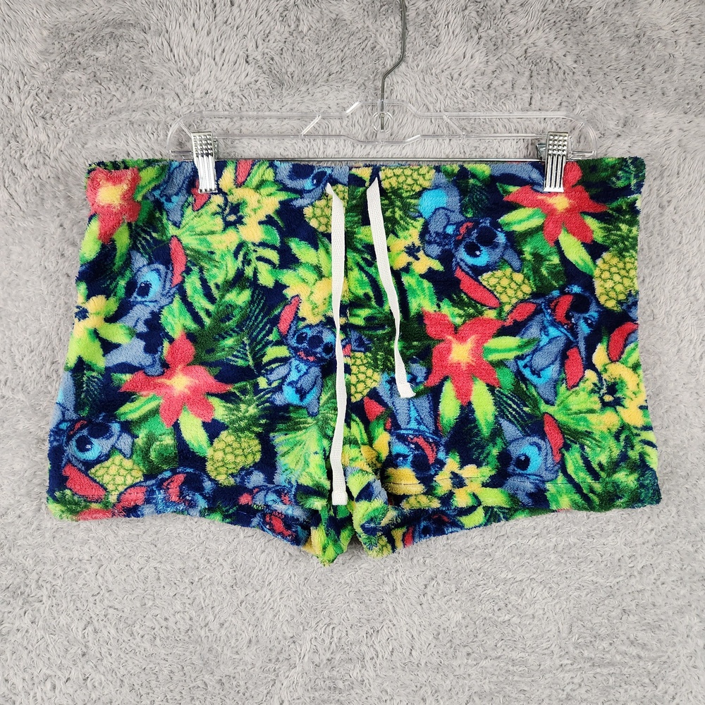 Disney Stitch Shorts Womens Large Multicolor Fuzzy Fleece Tropical Hawaiian Logo